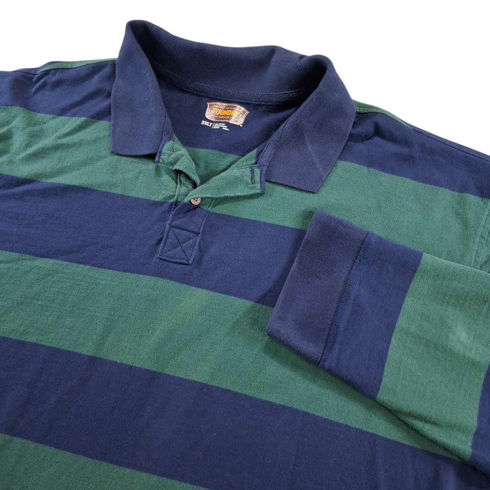The Foundry Polo Shirt Mens 2XLT Blue Green Striped Long Sleeve Rugby Style